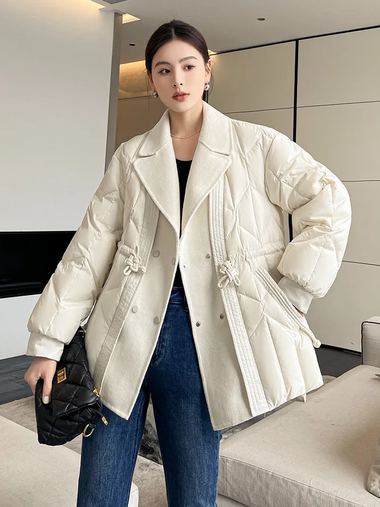 2023 Women New Korean Collar Folds Casual Vintage Down Coat Large Pockets Solid Color Original Down Coat