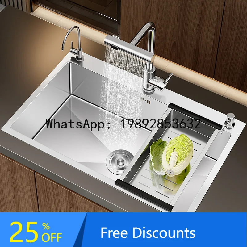 

CZ SUS304 Stainless Steel Waterfall Large Single Bowl Kitchen Sink Household Undermount Basin Thickened