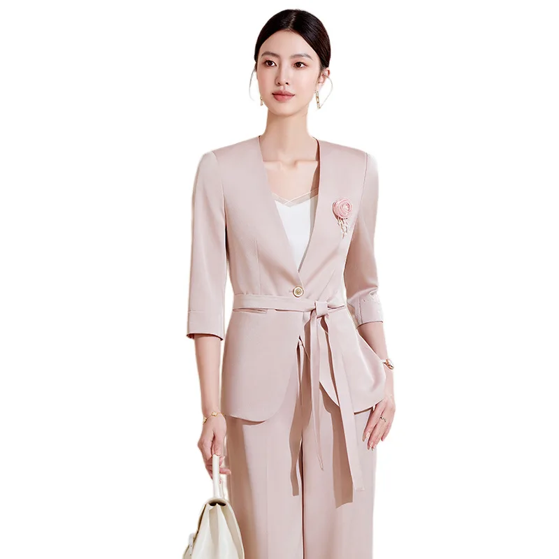 

Women's Spring Summer Thin Blazer Pants 2 Piece Set Office Lady Graceful Half Sleeve Blazer Trousers Suits Business Work Wear