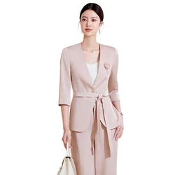 Women's Spring Summer Thin Blazer Pants 2 Piece Set Office Lady Graceful Half Sleeve Blazer Trousers Suits Business Work Wear