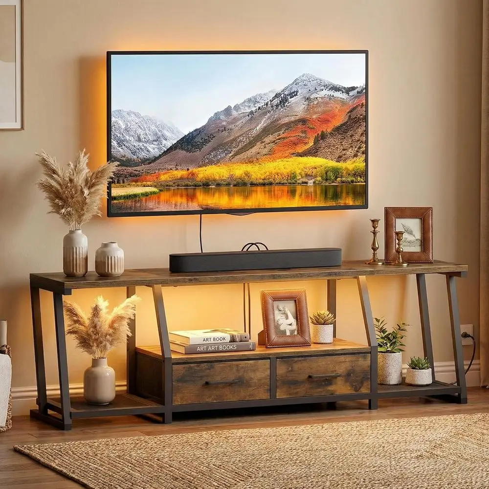 

LED TV Stand or 75 Inch TV, Entertainment Center with Open Shelves and Power Outlets, TV ole Table with abric Ders, Media ole or