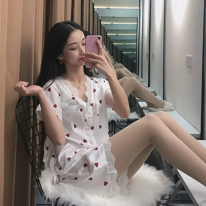 Women Summer Ice Silk Pajamas Korean Style Short Sleeve Quick Dry Comfortable Home Clothes V-neck Lace Buttons Top & Shorts Set