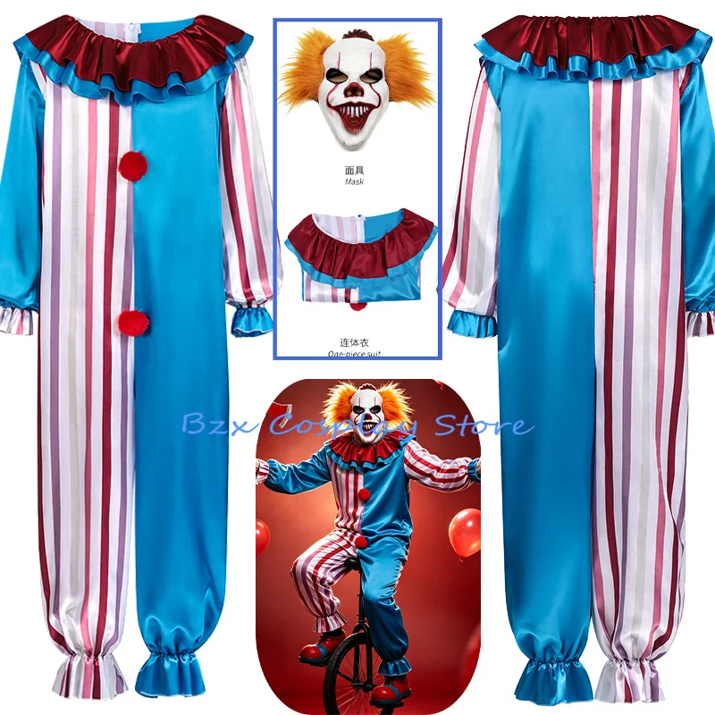 

2026 Evil Joker Cosplay Anime Playful Circus Clown Costume Horror Jumpsuit Prop Mask Set Halloween Party Outfits for Men Women