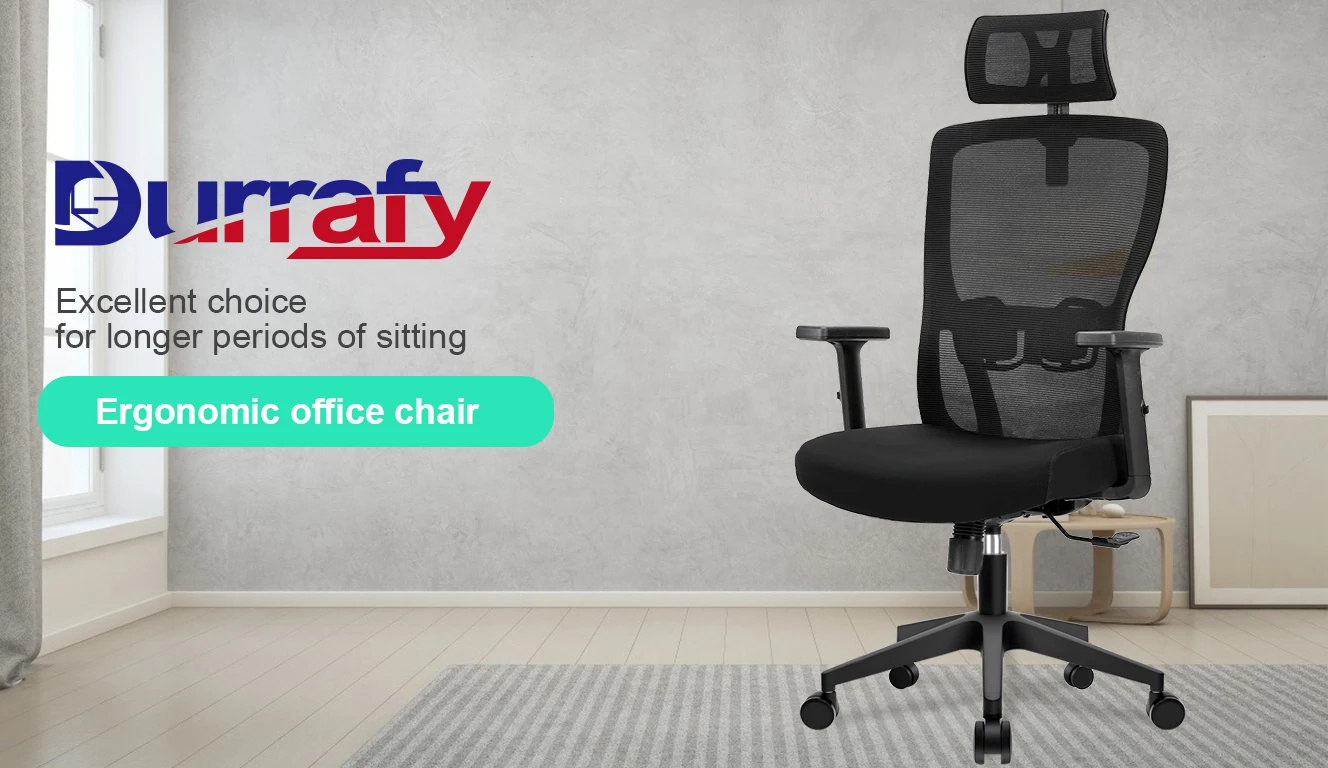 Durrafy Ergonomischer Bürostuhl, Schreibtischstuhl mit verstellbarer Kopfstütze, Armlehnen und Lendenwirbelstütze, drehbare Netzstühle, Schwarz – Detail 1