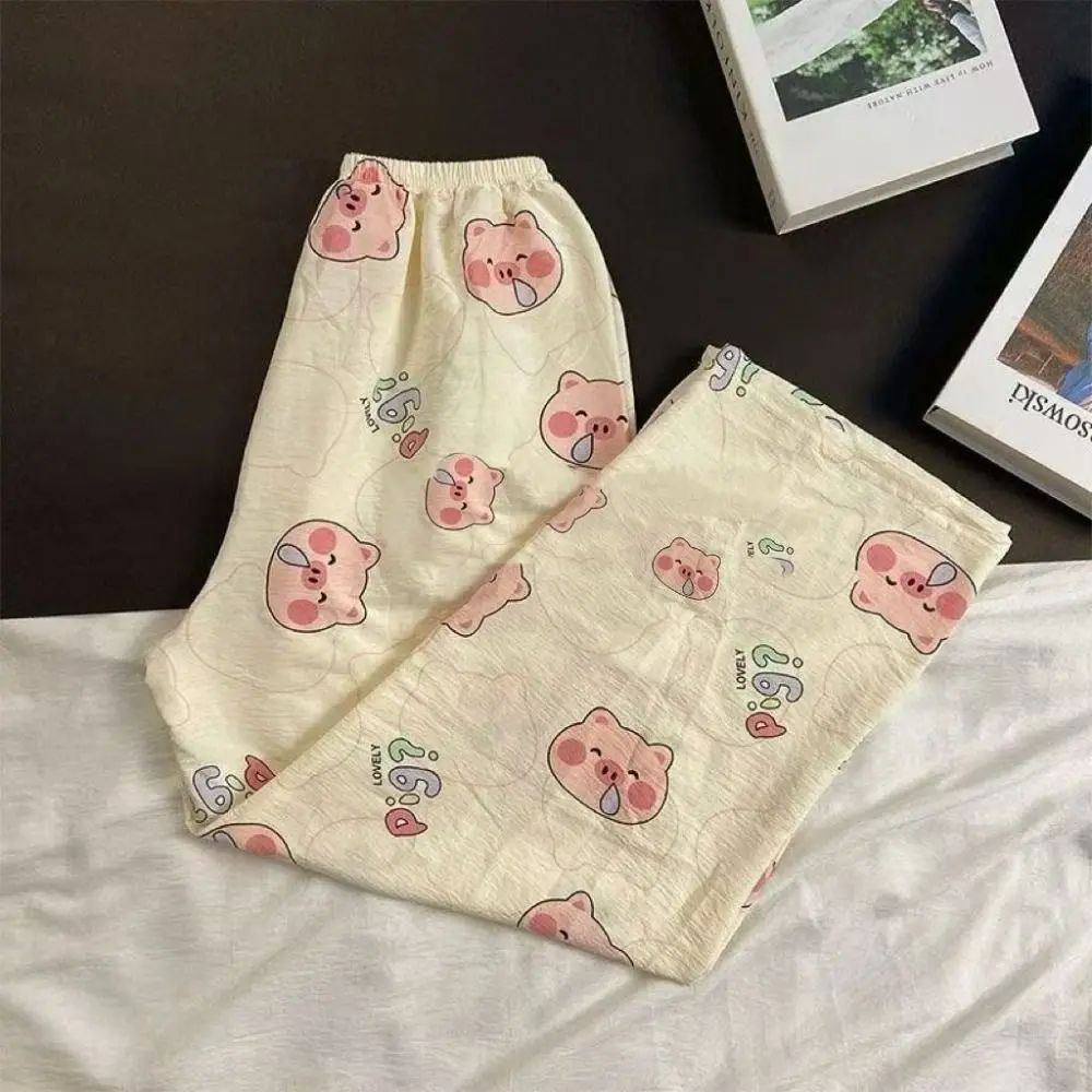 

Fashion Cartoon Print Long Pants Wide Leg Loose Sleepwear Casual High Waist Pajama Summer
