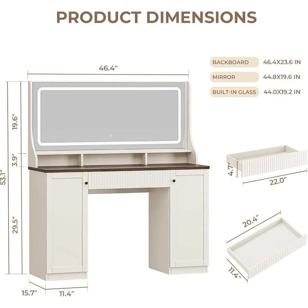 مكتب مكياج مضيء مقاس 46.5 بوصة مع مرآة وأدراج تخزين وخزائن وأضواء LED بثلاثة ألوان