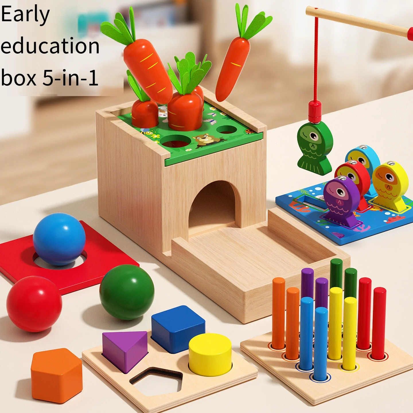 5 in 1 Montessori Wooden Activity Box, Kids Shape Sorting Matching Toy, Color Recognition Early Learning Educational Game