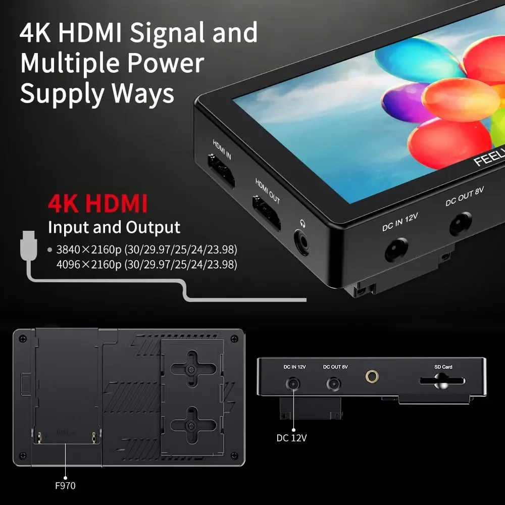 شاشة تصوير Feelworld LUT5 مقاس 5.5 بوصة تعمل باللمس 3000nit ثلاثية الأبعاد LUT Rec.709 HDR 4K HDMI I/O F970 طاقة خارجية سهلة التعديل
