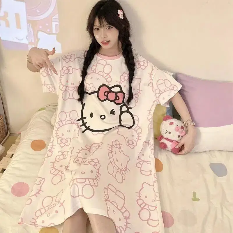 Miniso أنيمي مرحبا كيتي بيجامة فستان الصيف تقليد القطن النوم تنورة الكرتون المألوف فضفاض المنزل الملابس في الهواء الطلق الهدايا