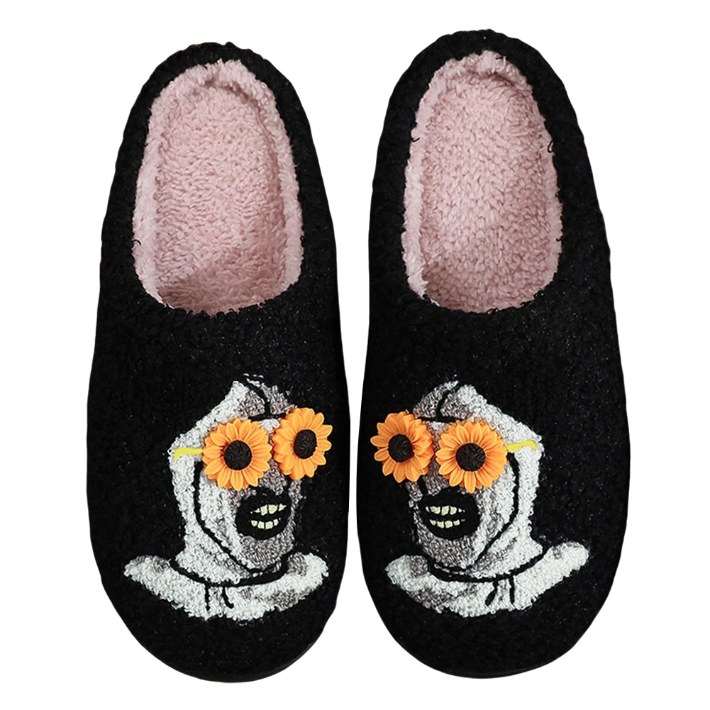 Zapatillas de felpa de Halloween, zapatos cálidos sin cordones para casa, cómodas zapatillas térmicas planas, toboganes de payaso de cristal de girasol para hombres y mujeres