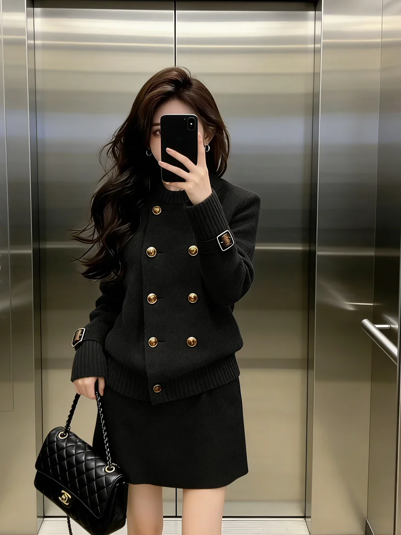 Anti-Aging Korean Style Miu Rich Girl Small Fragrance Wind Autumn Winter Fashion Set High Waist Short Skirt Long Sleeve Doubl...