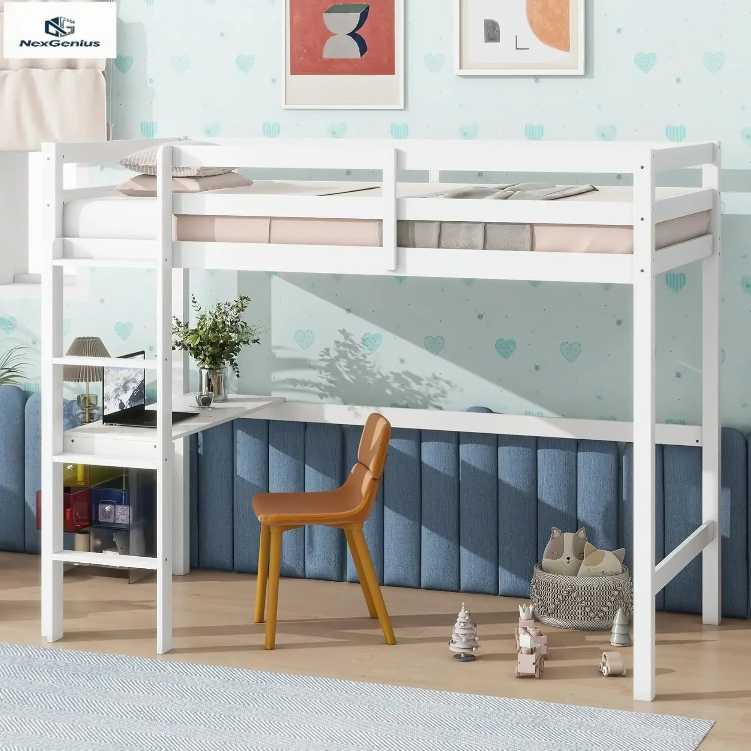 Harper & Bright Designs Twin Size Loft Bed with Desk, Wooden Kids Loft Bed Twin with Safety Guardrail and Ladder, No Box Spring