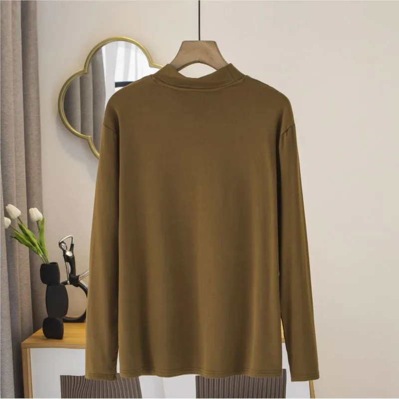 2023 autunno vestiti t-shirt donna Plus Size Mock Neck Tee Casual elegante all'interno con 32 cotone pettinato tinta unita top Curve