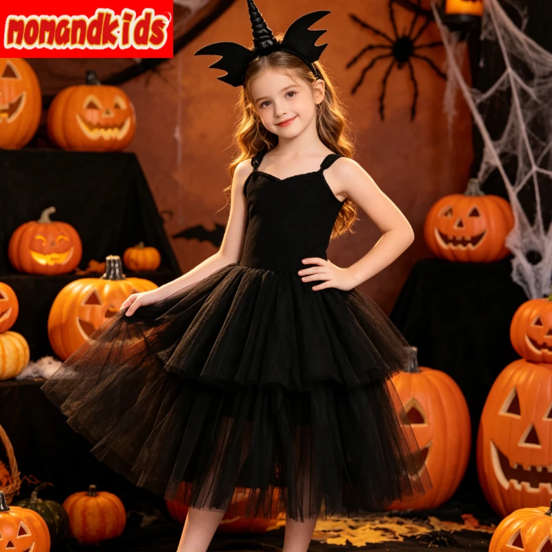 Sleek Black Fallen Fairy Mesh Dress with Matching Wing Hairband Accessories,Ideal for Kid Photoshoots and Spooky Costume Contest