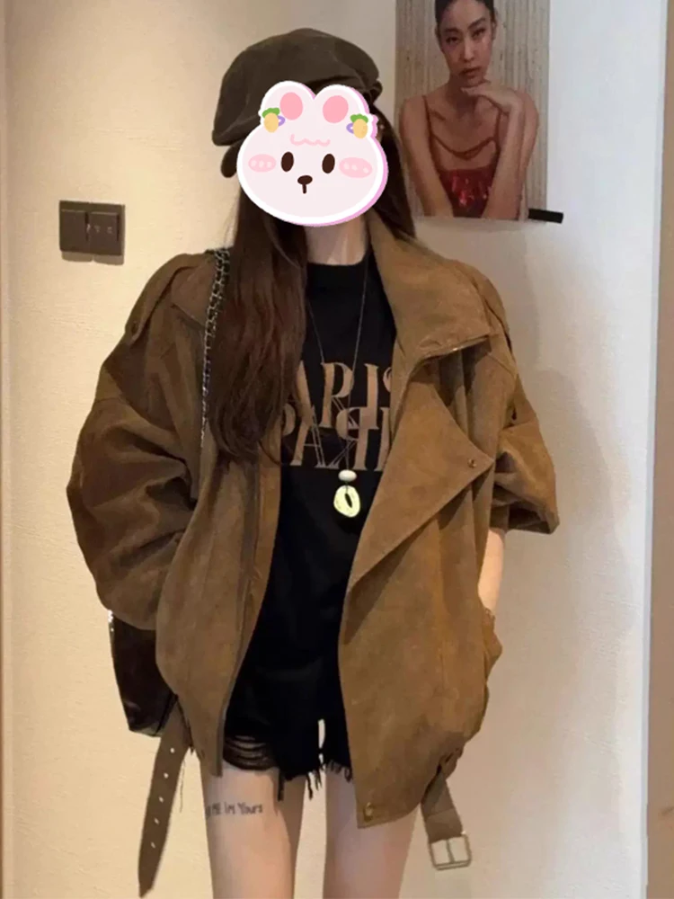 

Ретро-американская мотоциклетная куртка для женщин, осенняя новинка, свободный крой, стройнящий силуэт, премиум-класс, верхняя одежда