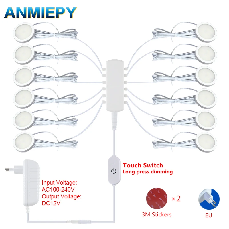 LED Under Cabinet Lamp DC12V Touch Switch Control Dimmable Puck Round 3W 5W White Color Cabinets Cupboard Lights DIY Set