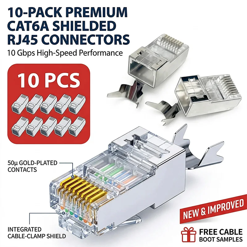 

10Pcs Cat.6A Shielded Pass-Through RJ45 Modular Plug, Gold-Plated Pure Copper Pins, 10Gbps, Compatible with Cat6 Cable