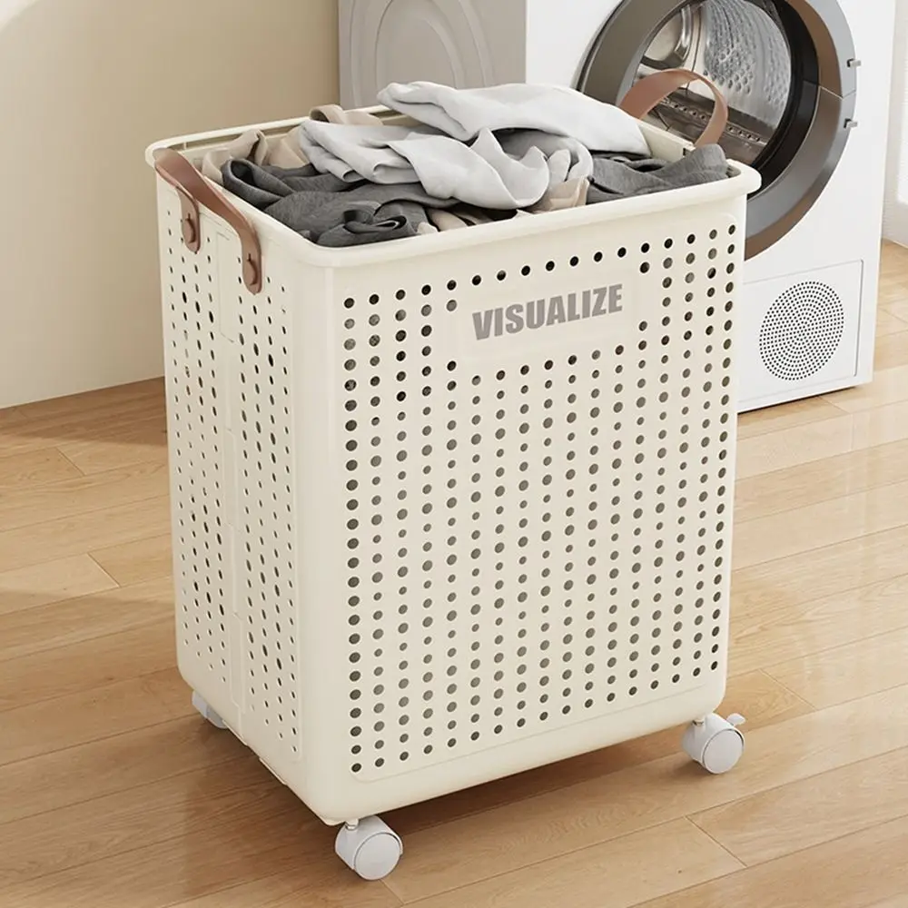 

Plastic Wheeled Folding Laundry Basket Large Capacity Ventilated Folding Dirty Clothes Basket Space Saving with Wheels