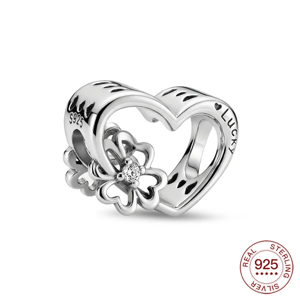 

925 Sterling Silver Lucky Heart Clover Charm Hollow Love Four Leaf Beads Fit Original Bracelet Good Luck Jewelry Gifts For Woman