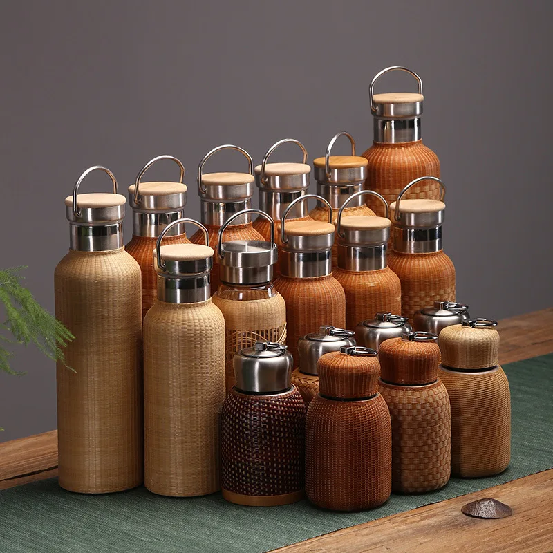 

Bamboo woven thermos cup, vintage hot water kettle, portable travel tea cup, outdoor thermos bottle304Stainless Steel Teapot