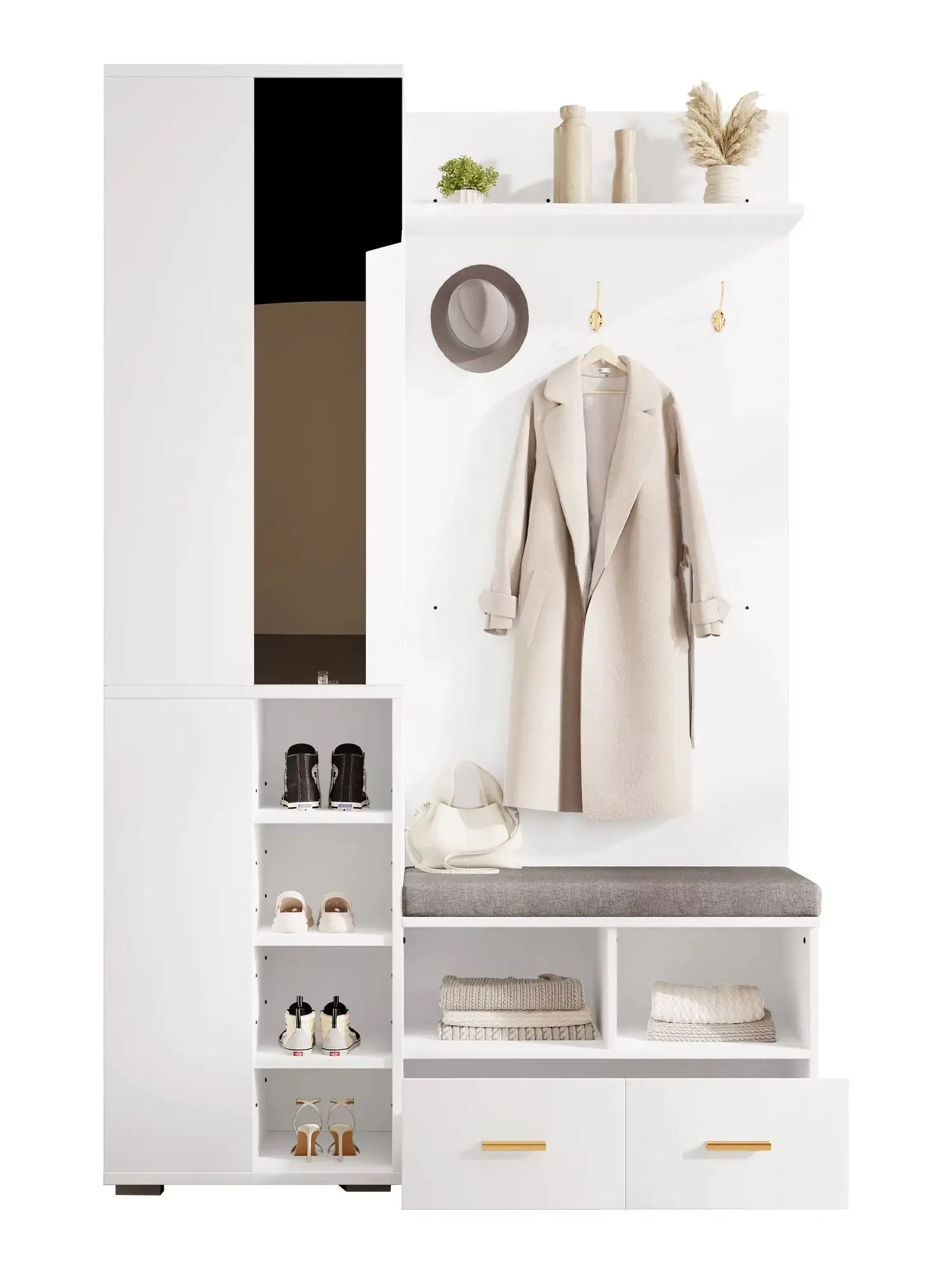 Weißes Garderobenset 120x35x190cm Wandgarderobe Flurschrank mit Spiegel Kleiderstange Schuhbank durchbrochenes Regal 3 Haken 2 Schubladen Ablagefach platzsparend für Diele Eingangsbereich