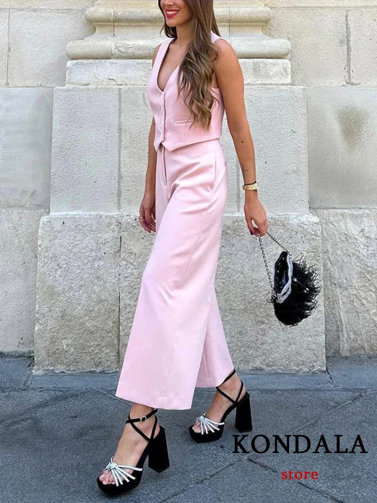 KONDALA Vintage Solid Pink Vest Suit Women V Neck Buttons Sleeveless Blazer+High Waist Wide Leg Pants Fashion 2024 Summer Set