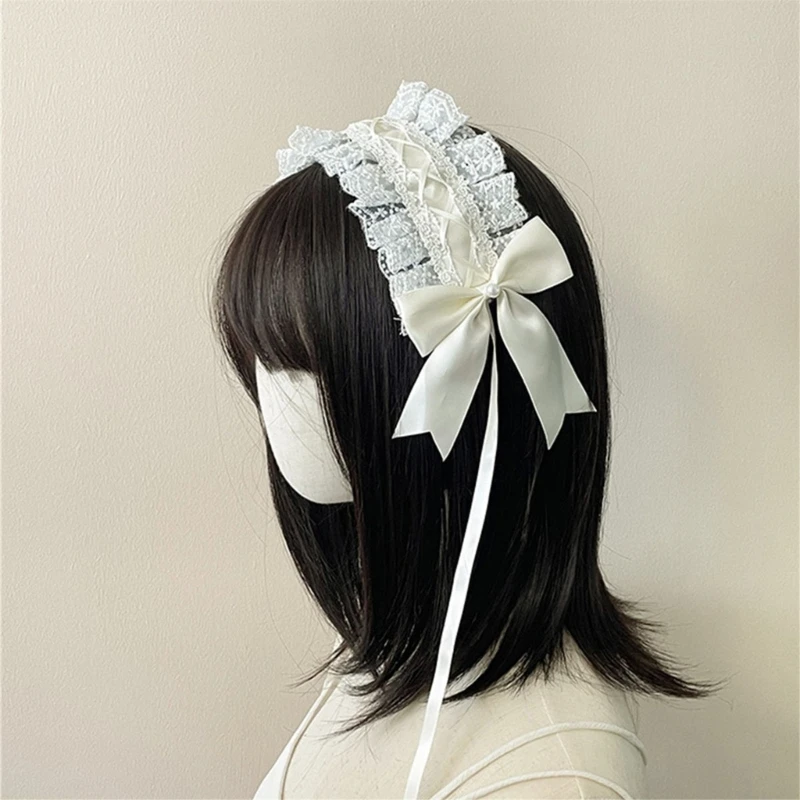 Anni Nastro in pizzo Bowknot Fascia per capelli Animazione Costume Fascia per capelli larga Puntelli per feste Copricapo in