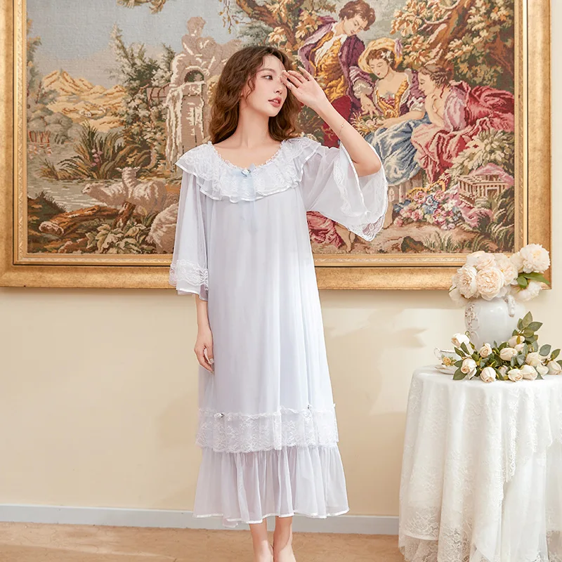 Women Long Nightgowns Solid Round Collar Half Sleeve Modal Gauze Ruffles Loose Retro New Chic French Palace Princess Nightdress