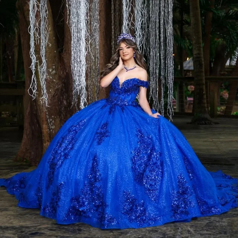 

Customized Shiny royal blue Quinceanera Dresses Off the Shoulder sequin applique flower crystal tail Vestido De 15 Quinceanera
