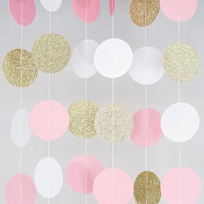 Colorful Circle Dots Paper Party Garland Streamer Backdrop - 3m (10 Feet) Long - Pink, White, Gold Glitter Round Paper