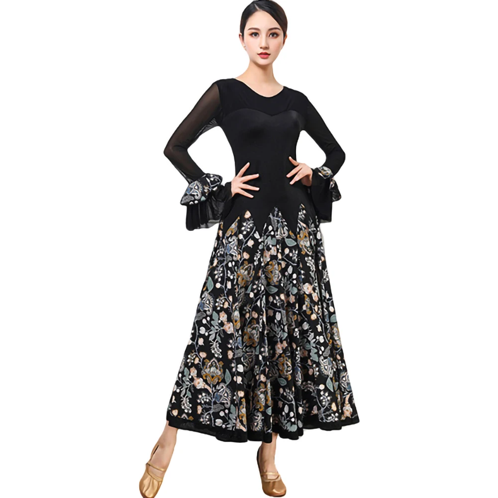 Abito da competizione per valzer da sala a maniche lunghe Costume di scena nero Gonna da flamenco con stampa di danza moderna sottile Standard