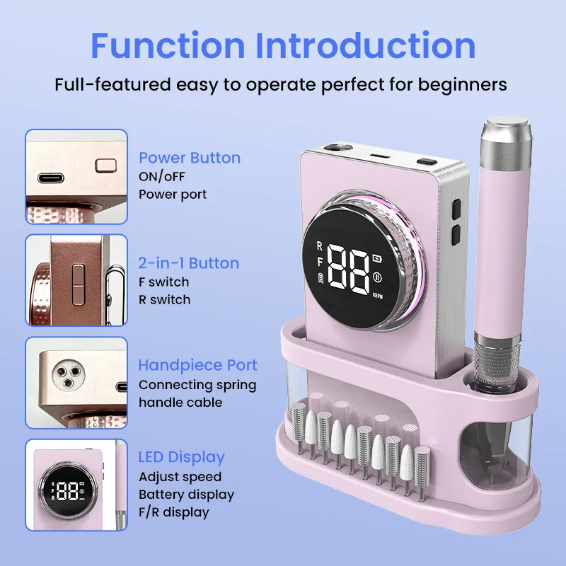 Multi-Functional Professional Nail Drill, 40000rpm Brushless Motor, Extended Battery Life, for Acrylic Gel Nails