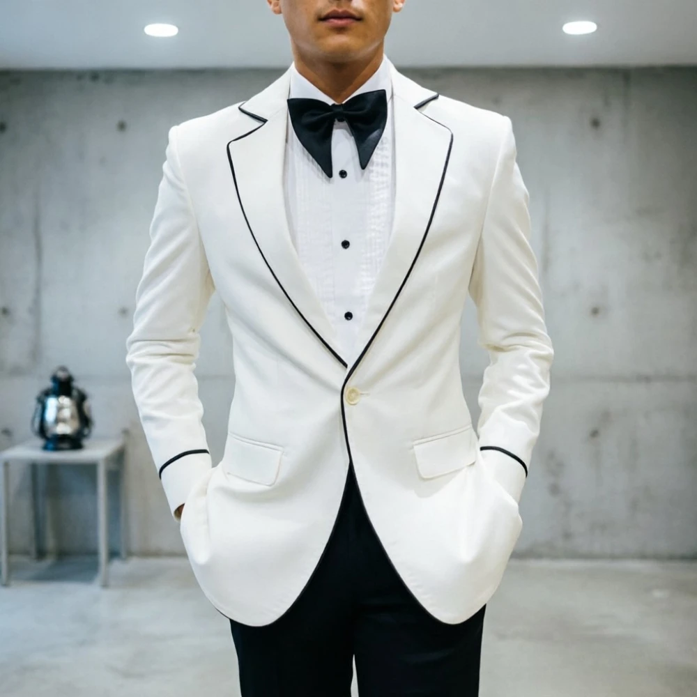 

Groom Tuxedo Men Vintage White Shawl Lapel Groom Tuxedo with Black Piping Tailored Formal Suit for Wedding Dinner Party Gala