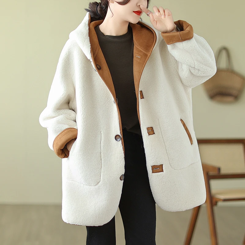 

Autumn Winter Patchwork Women Coats Fashion Vintage Loose Contrast Color Thicken Long Sleeve Elegant Single Breasted Warm Tops