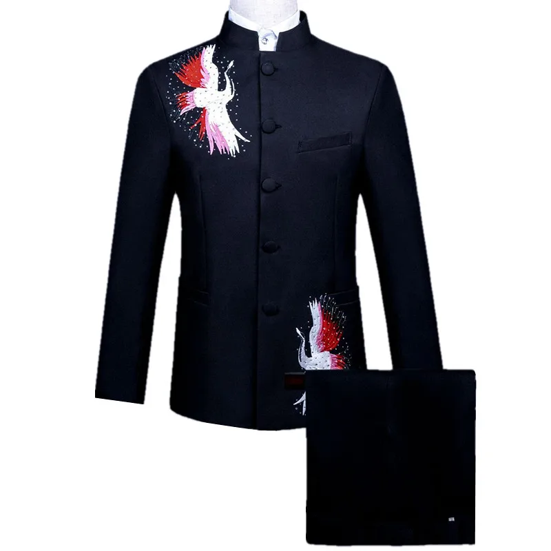 

Белый мужской костюм-двойка в китайском стиле, черная куртка с вышивкой и брюки, одежда для свадьбы/вечеринки/сценического выступления.