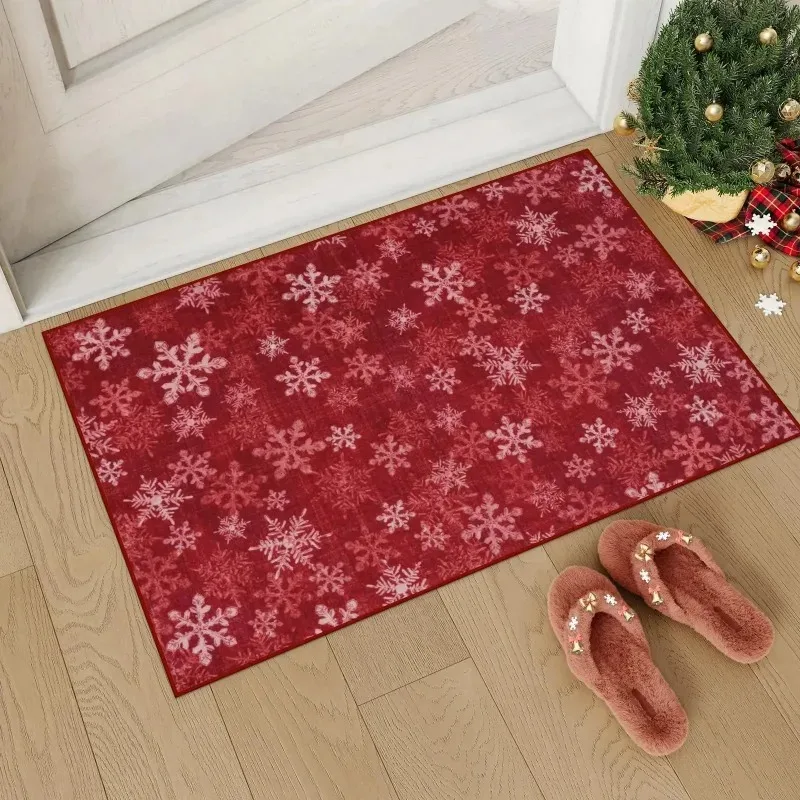 Exquisite Christmas Washable Entryway Rug Christmas Snowflake Indoor Non-Slip Front Door Mat Soft Rug Home Decoration Carpet
