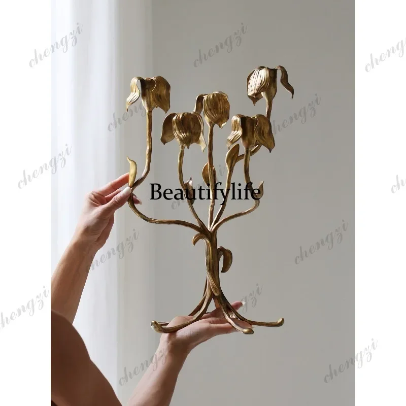 X173 Five-headed iris flower vintage cast bronze candlestick art ornament French desktop candle decoration gift