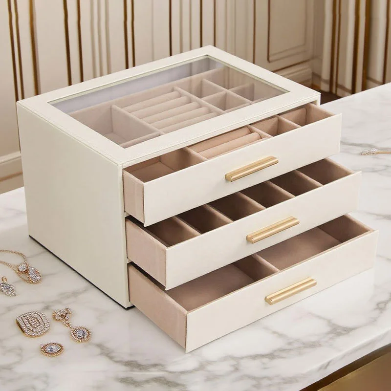 High-quality PU Leather Three-layer Drawer-style Jewelry Storage Box Large Capacity Storing Earrings Necklaces Rings Bracelets