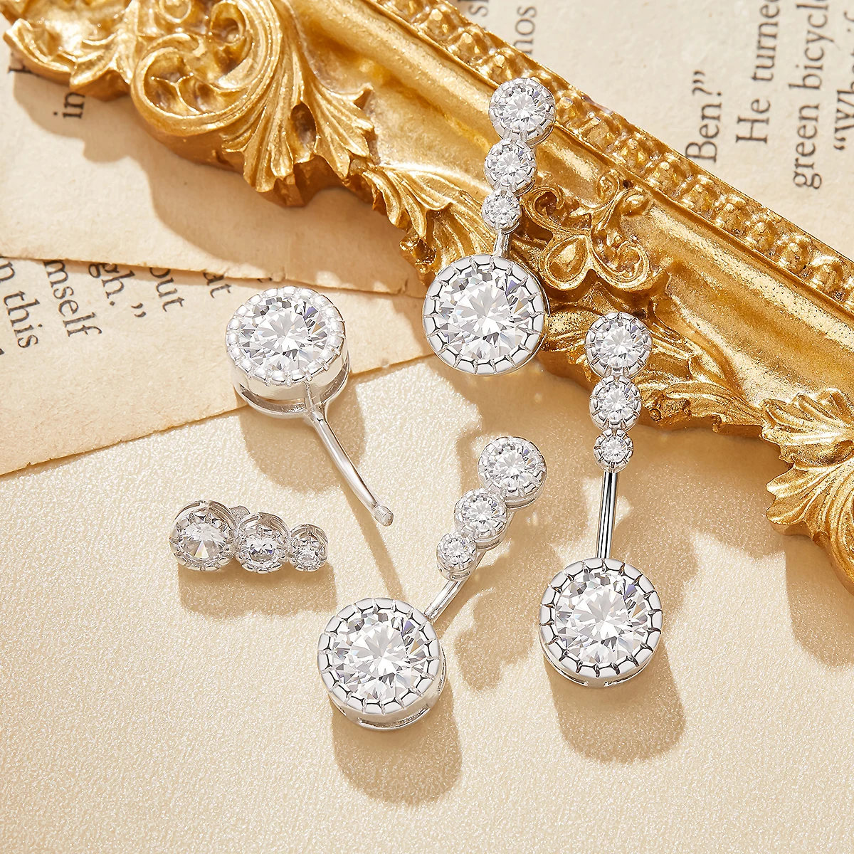 

Three Stone Round CZ Stone Solid 925 Sterling Silver Belly Button Ring,Navel Belly Piercing Navel Bar Curved Barbell 6710006