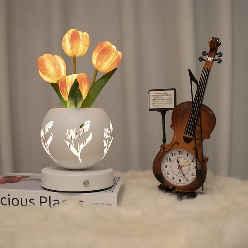 Tulip Night Light Artificial Flower Desk Lamp With Cut-Out Vase USB Charging 3 Color Stepless Dimming Up Cute Table Lamp