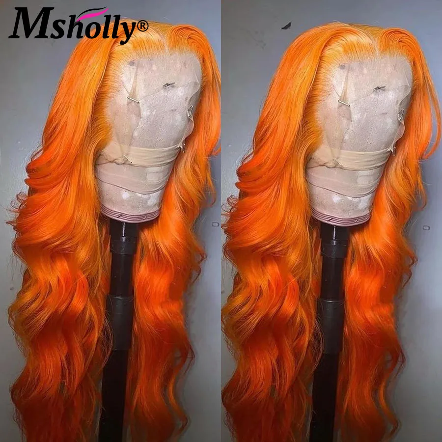 Peruca de onda do corpo com laço transparente frontal, peruca Remy colorida, cabelo humano pré-arrancado, gengibre Ombre e laranja, densidade a 180%, 13x6