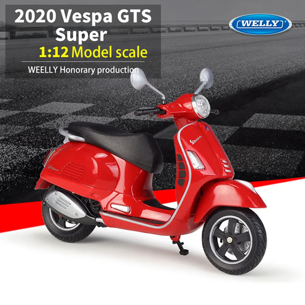 1/12 Vespa GTS Super Motorcycle Model Toy Cars for Boy Alloy Diecast Pull Back Pedal Motorcycles Car Models with Shock Absorbers