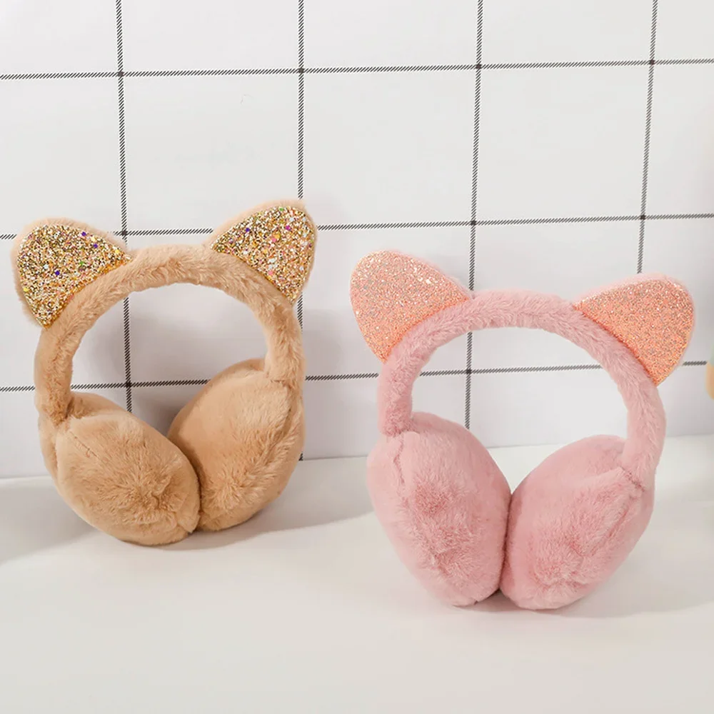 Cat Ears Earmuffs Winter Warm Shiny Sequin Ear Cover Soft Plush Earflaps Kid Adults Hearwear Outdoor Cold Protection Ear Warmer