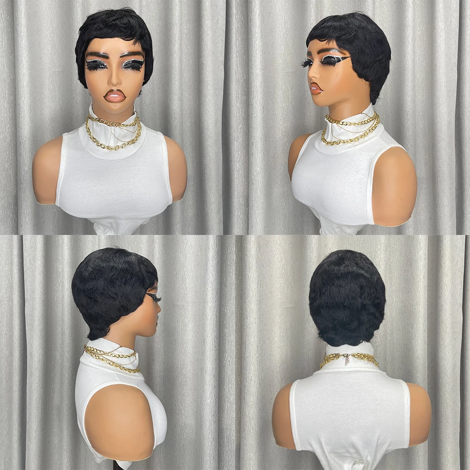 شعر مستعار أسود قصير مستقيم بقصة عابث للنساء، شعر بشري برازيلي، نمط عصري، مصنوع آليًا بالكامل، شعر مستعار يومي متعدد الاستخدامات #2