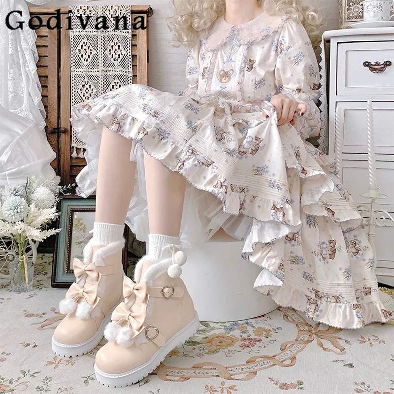 

Japanese Style Original Winter Fleece Lolita Snow Boots Sweet Cute Round Toe Thick Sole Thickened Warm JK Short Boots for Women