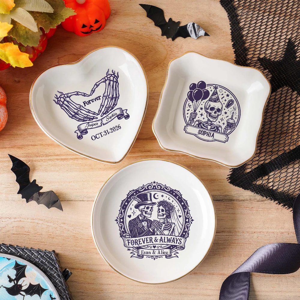 Personalized Skeleton Ring Dish Custom Names Date Gothic Ceramic Jewelry Tray Halloween Wedding Engagement Gift for Couple Bride