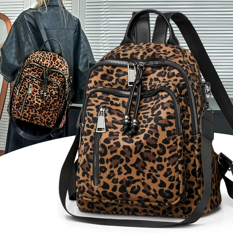 Casual Large Capacity Leopard Print Backpacks Canvas High Quality 2025 Simple Interior Zipper Pocket Youth School Bags
