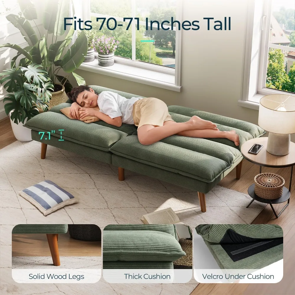Sofá-cama futon conversível de veludo cotelê com encosto ajustável, sofá-cama pequeno e moderno