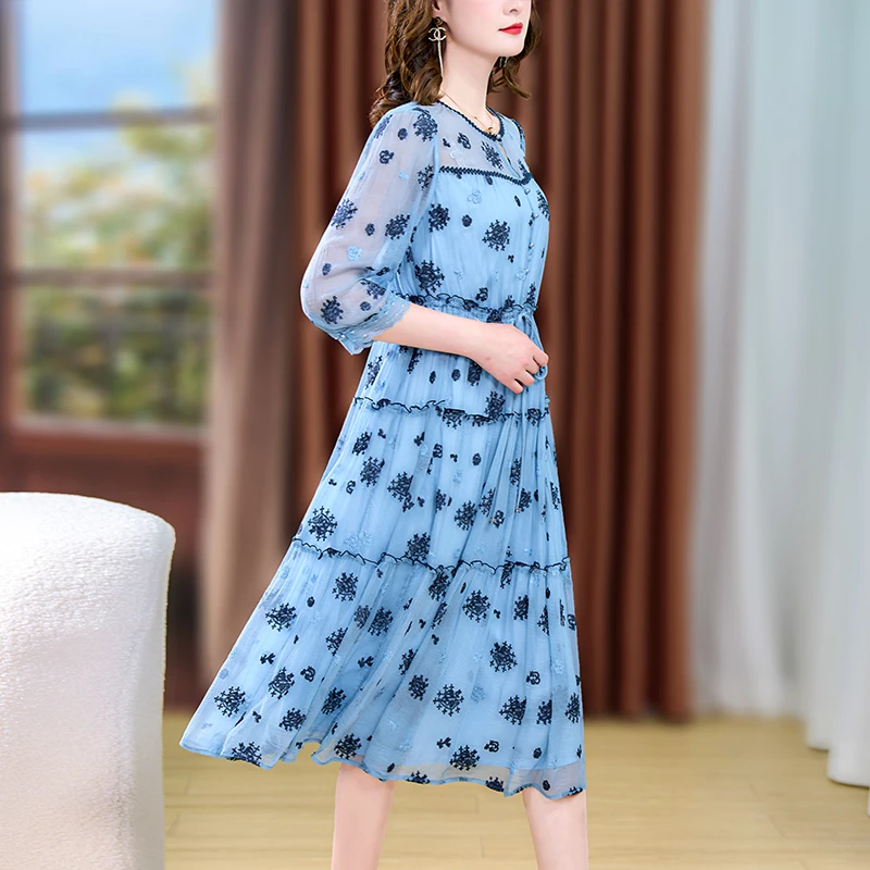 2023 New Fashion Silk Dress Women's Summer Elegant Versatile Retro 5/4 Sleeve Loose Fit Casual Holiday Dress Vestidos