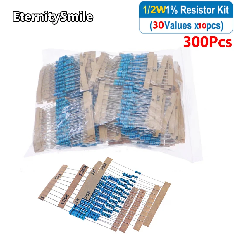 

300Pcs/Pack Metal Film Resistors Kit 30 Values 1/2W 1% 1Ohm-10Ohm-510Ohm-2k-680K-1M High Precision Resistance Set Assortment